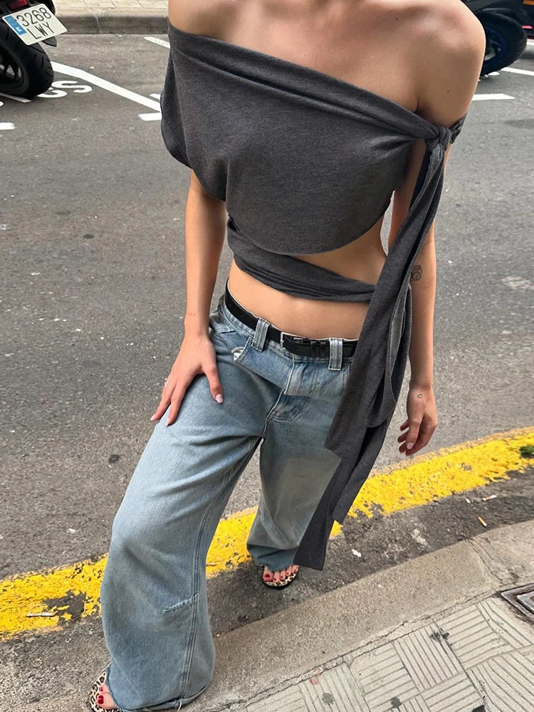 Nibber Hottie Hollow Bandage Tank Tops Women Ribbon One Shoulder Solid Summer Trend Wild Midnight Club Skinny Irregular Vest Aviola