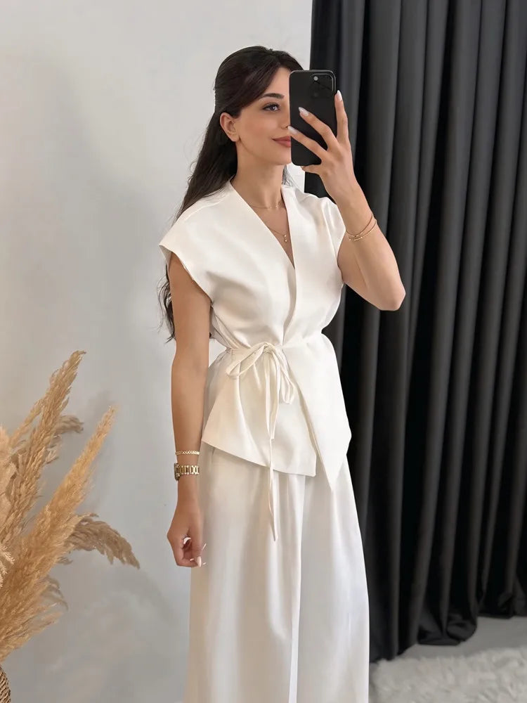 UNIZERA 2025 New Arrivals Women's Wear Elegant V-neck Sleeveless Lace-up Vest Jacket + High-waisted Casual Wide-leg Pants Set Aviola