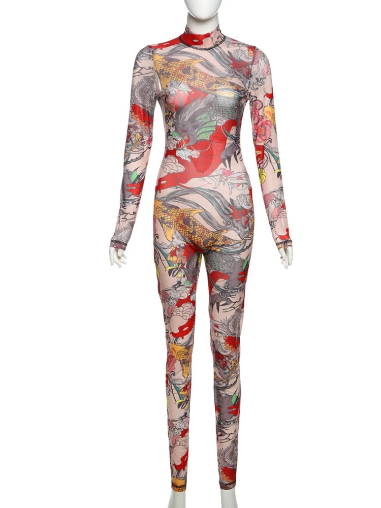 Nibber See Through Jumpsuit Women Backless Colorful Print Midnight Party Sexy Full Sleeve Hipster Street Thin Workout Overalls Aviola