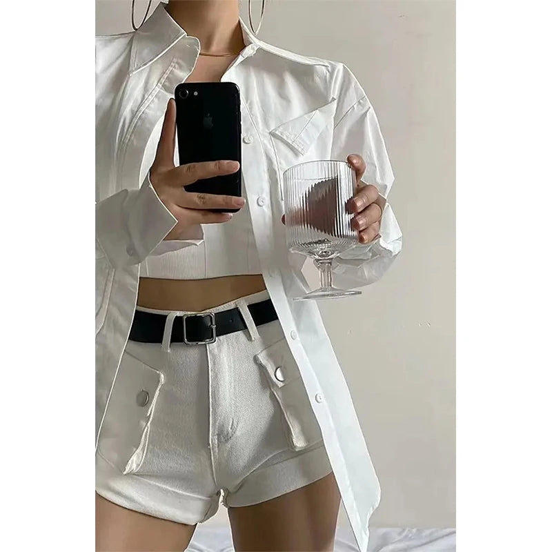 MEXZT Elegant White Shirts Women Fashion Streetwear Long Sleeve Blouses Korean Simple Pocket Button Up Ladies Design Tunic Tops Aviola