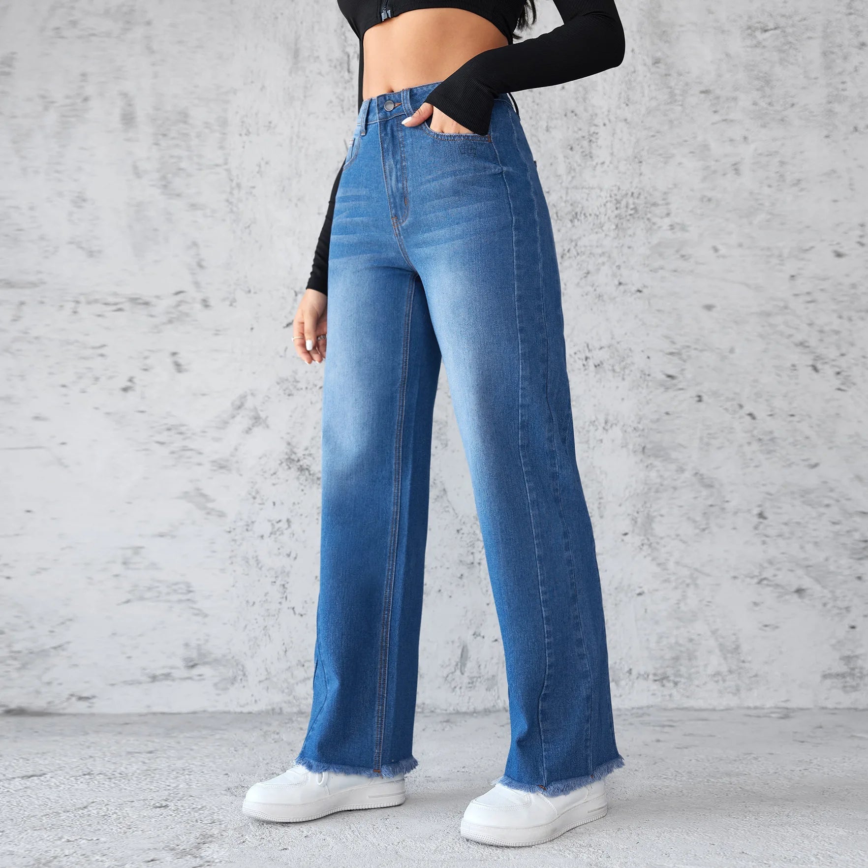 Washed Distressed Denim Straight Pants Vintage Women Jean Pockets High Waist Loose Fit Ankle Length Wide Leg Pants Basics Aviola