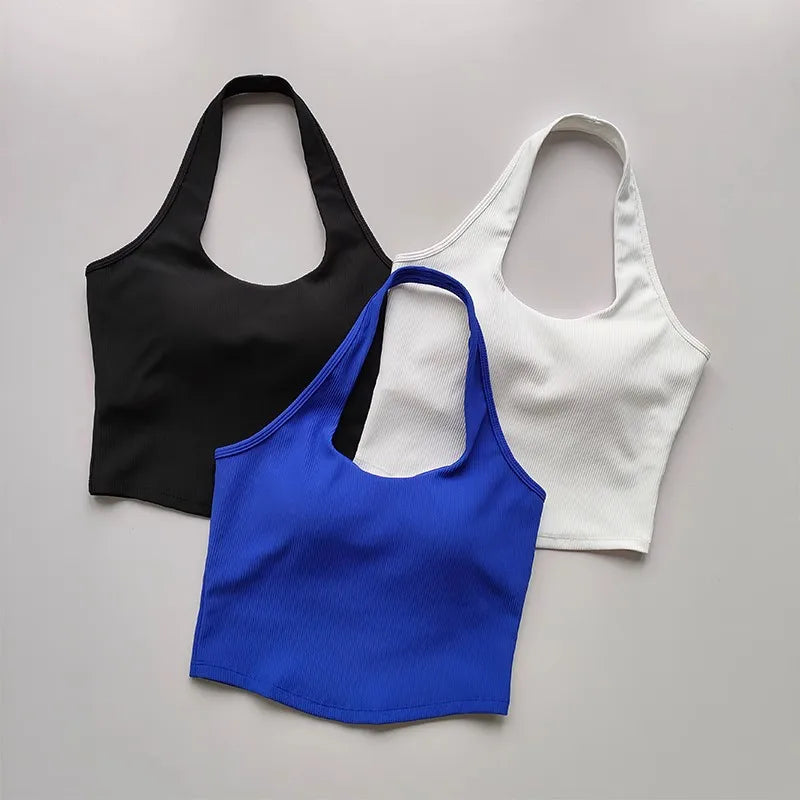 2023 Summer Sexy Sports Bra Rib Sport Top Underwear Women's Running Gathered Bra Hanging Neck Fitness Vest Fixed Padded Yoga Bra Aviola