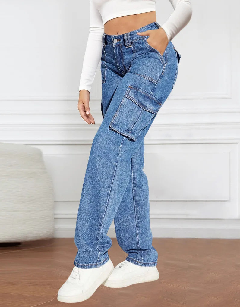 Denim Pant Women Mom Jeans Long Pants Mid Waist Straight Trousers Y2k Streetwear Elegant Splice Slim Fit Work Pocket Casual Aviola