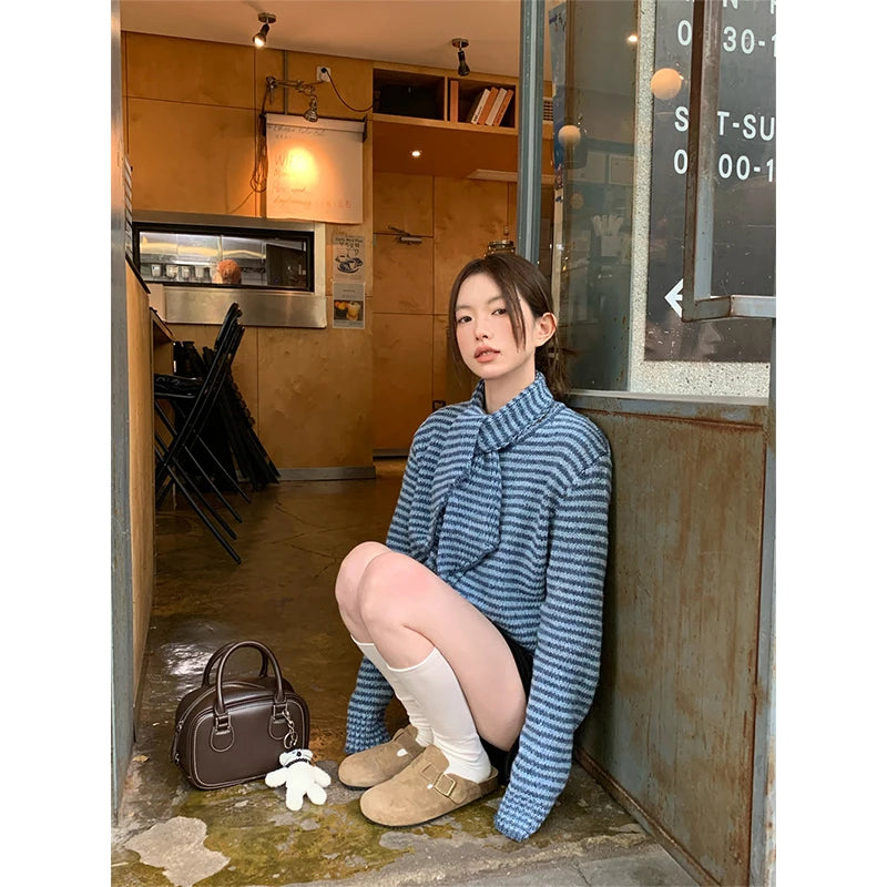 MEXZT Vintage Striped Knitted Cardigan Women Elegant Scarf Sweater Outerwears Korean Long Sleeve Knitwears Winter Casual Jumpers Aviola