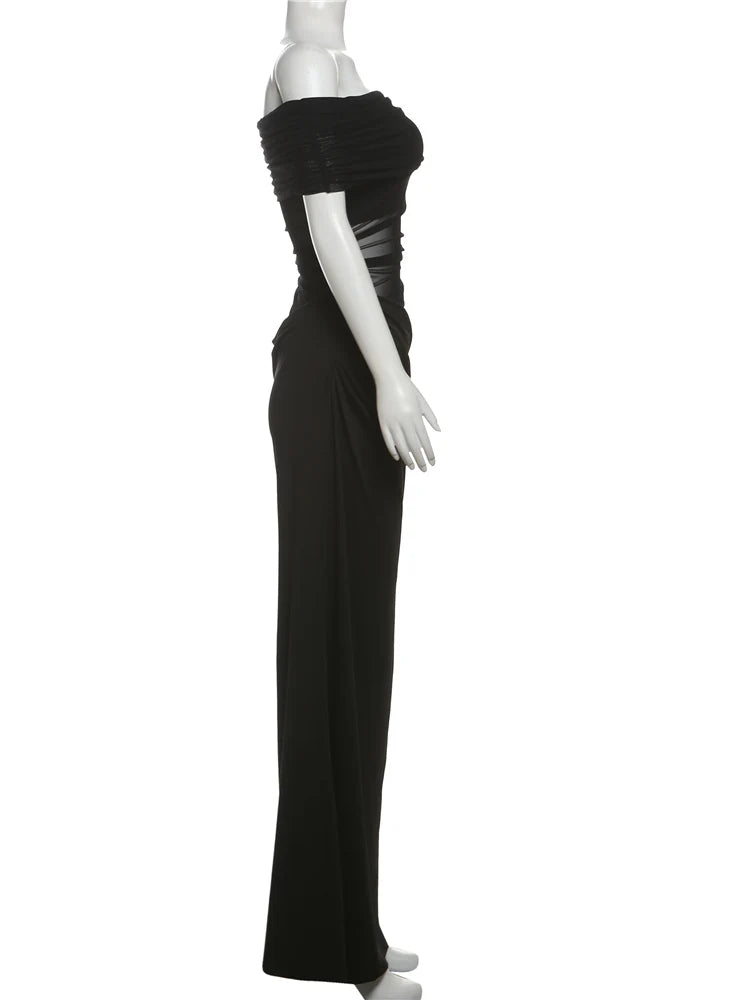Nibber Ruched Irregular Dress Women Mesh Patchwork Slash Neck Short Sleeve Skinny Stretch Trend Elegant Long Bodycon Outfits Aviola