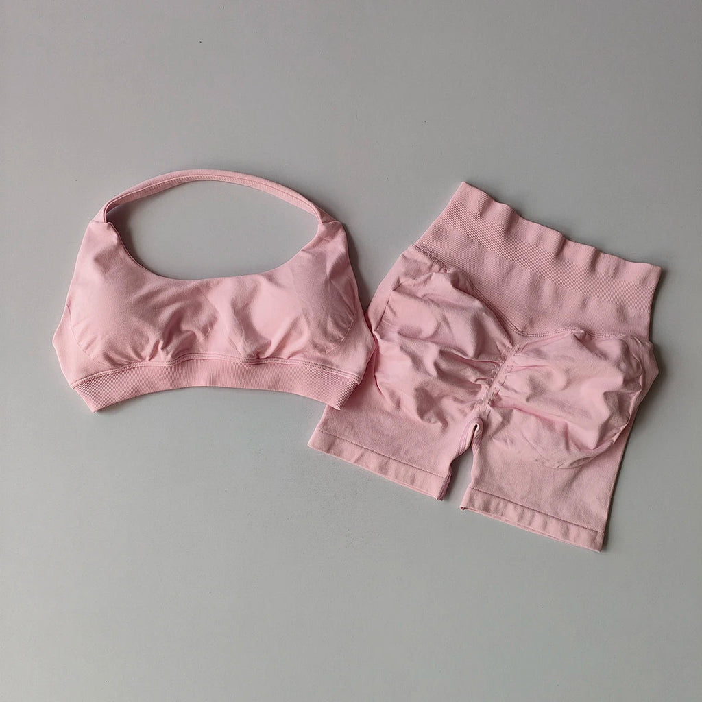 2 Pieces Yoga Suit for Women Seamless Fitness Gym Clothes Halter Sports Bra Matching Impact Shorts Workout Sets Gym Outfit Aviola