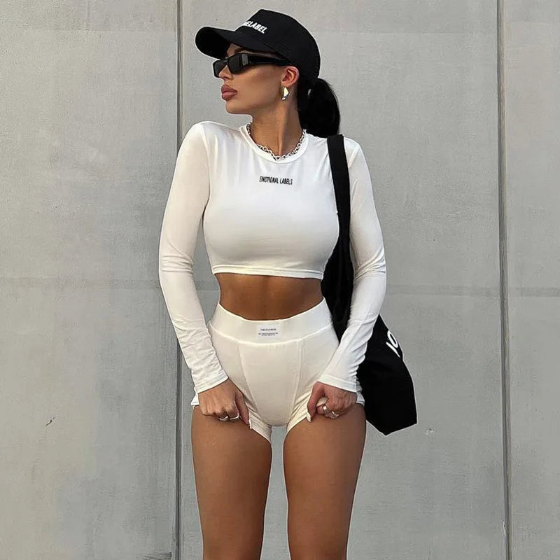 Round Neck Long Short sleeved 3/4 Shorts Two piece Women's Fashion Sports Versatile Set Aviola