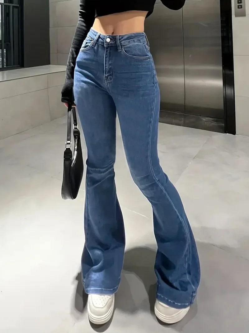 Flare Pants Women Jeans High Waist Streetwear Trousers Skinny Stretch Distressed Washed Pocket 2025 Y2k Mom Jeans Vintage Denims Aviola