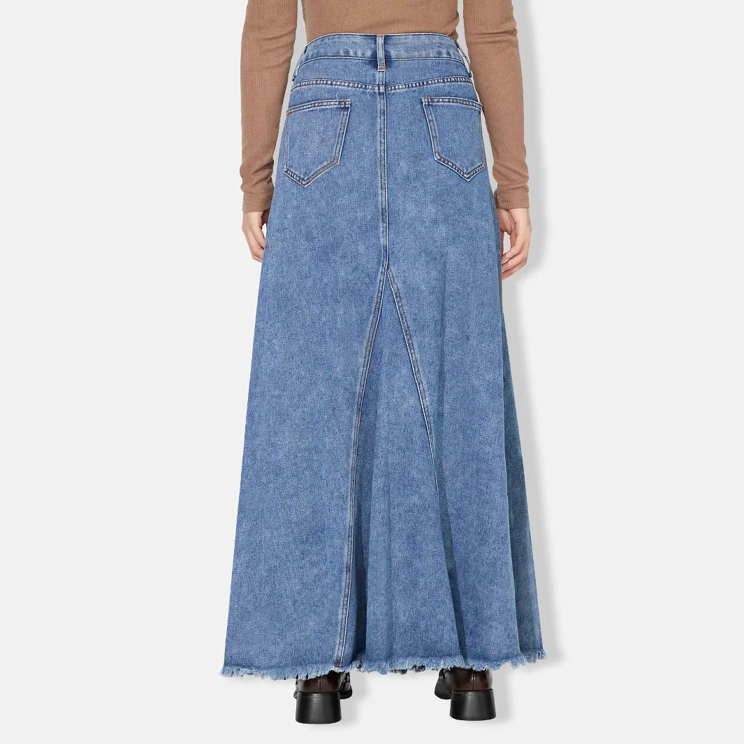 Denim Skirt Women Vintage Long Skirts High Waist Distressed Washed Button Pockets Summer Mom Jeans Y2k A Line Streetwear 2025 Aviola