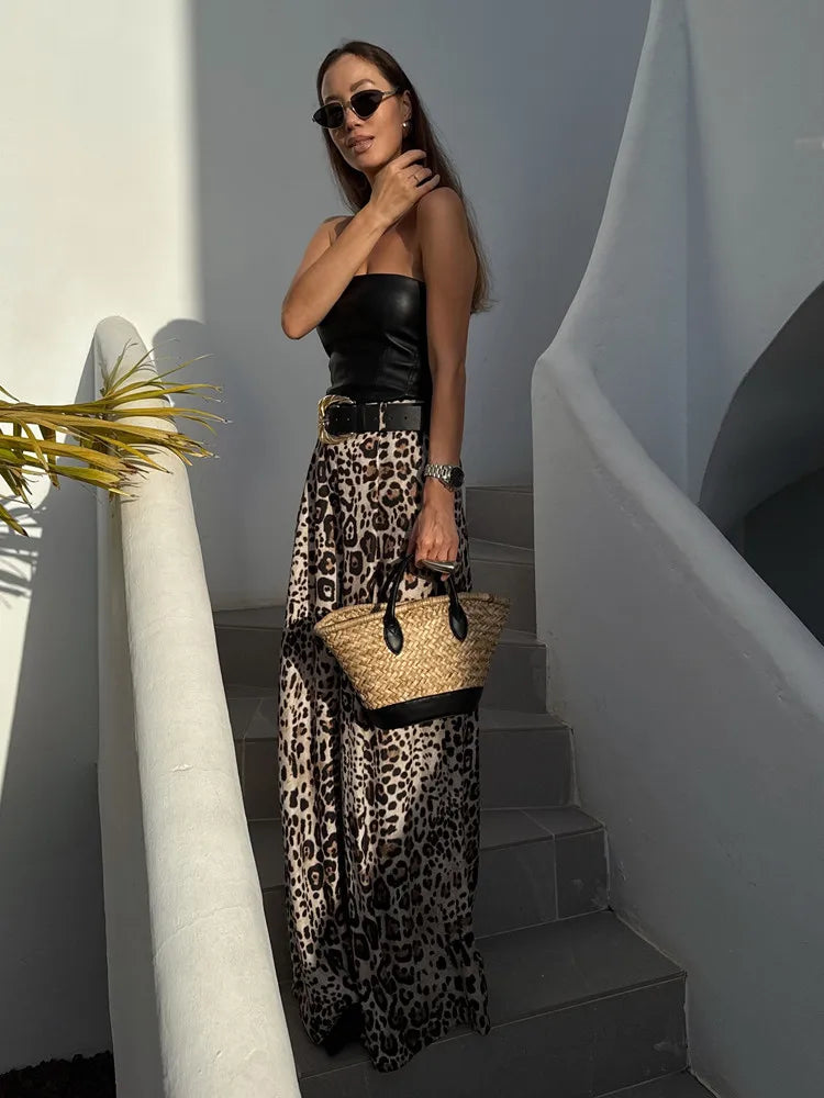 UNIZERA Leopard Satin with Belt High Waisted Trousers Wide Leg Pants Women's Clothing 2025 Summer New Arrivals Casual Pants Aviola