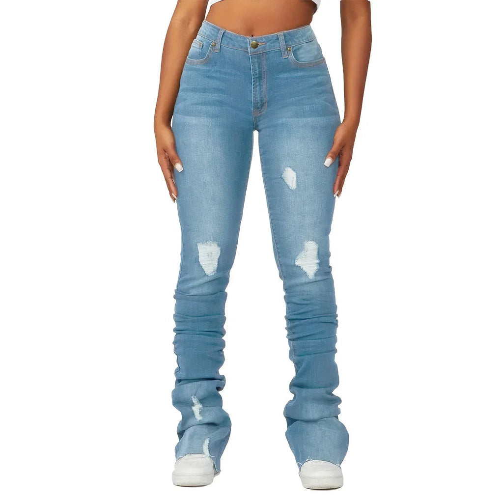 Washed Denim Straight Pants Women Ankle Length Jean Ripped Hole Distressed Pockets Solid Casual Skinny Vintage High Waist Aviola