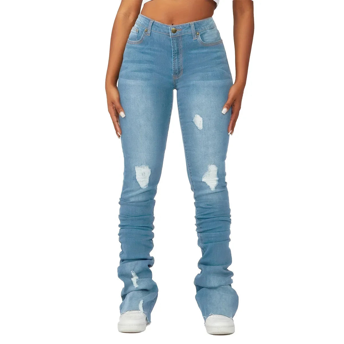 Washed Denim Straight Pants Women Ankle Length Jean Ripped Hole Distressed Pockets Solid Casual Skinny Vintage High Waist Aviola