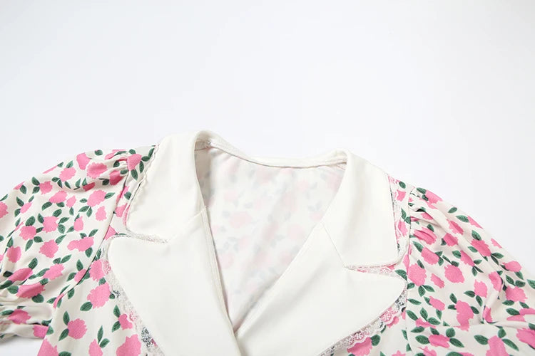 Nibber Low-Neck Dress Women Floral Print Patchwork Lace Draps Puff Sleeves Elegant Temperament Sweet Summer Trend Party Bodycon Aviola