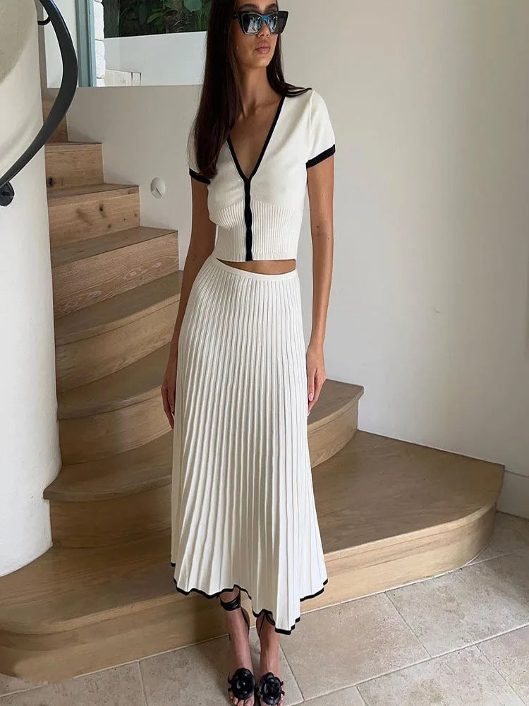 Nibber Daily Women 2piece Set v-Neck Single-Breasted Short Sleeves Mini Tops+Elasticated Waist Bottoms Temperament Classic Suits Aviola