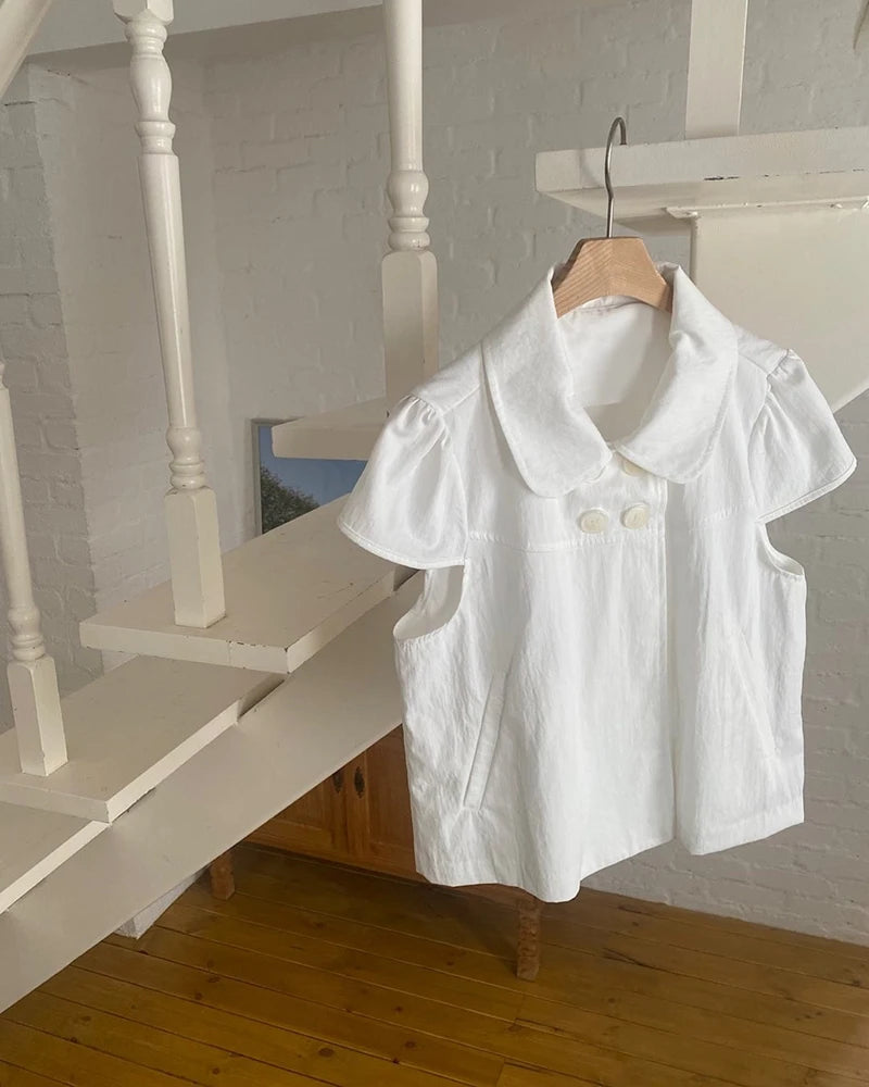 MEXZT Vintage Black Shirts Women Japanese Harajuku White Cropped Puff Short Sleeve Blouses Summer Korean Casual Design Tops New Aviola
