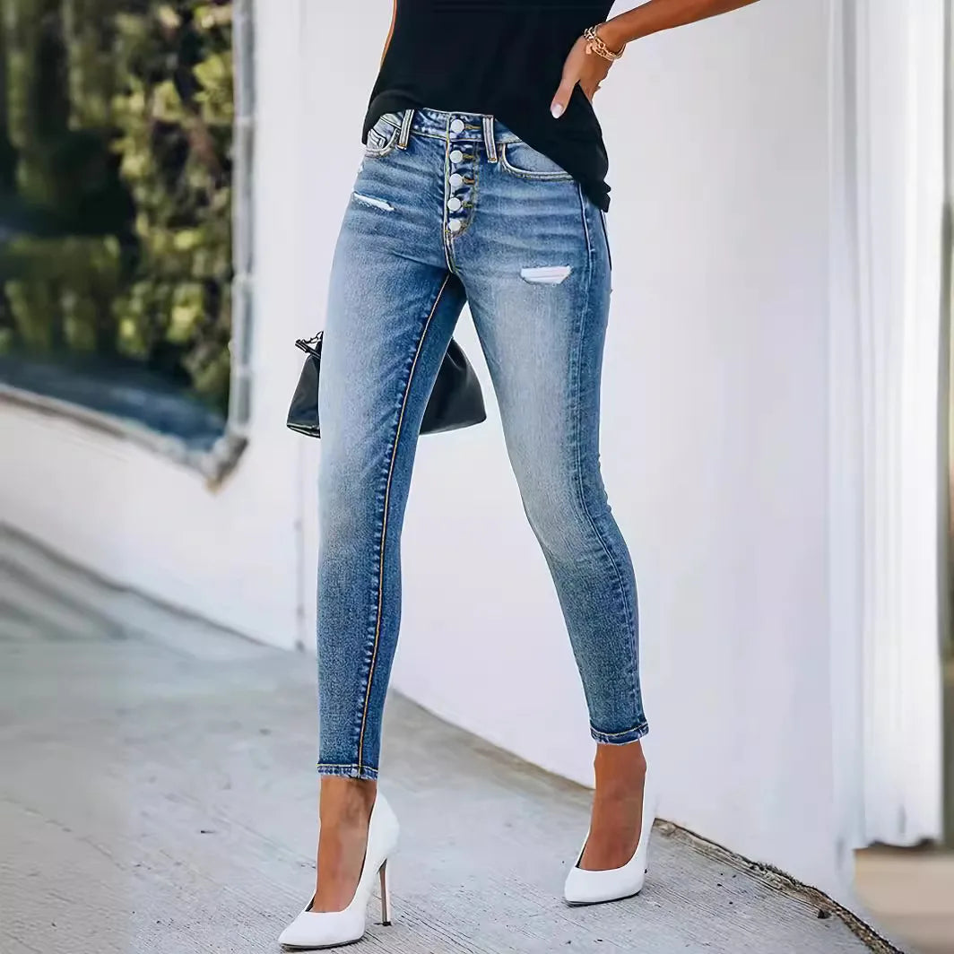 Bodycon Pencil Jeans Women Denim High Waist Trousers Row Buttons Holes Pants Y2j Streetwear Skinny Fit Ankle Lenth 2025 Spring Aviola