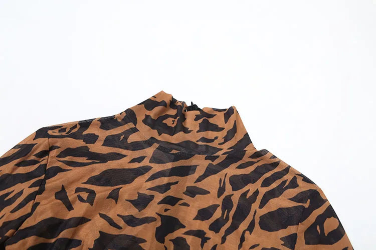 Nibber Full Sleeve Leopard Print Foot Jumpsuit Women See Through Turtleneck Coquette Midnight Club Activity Workout Overalls Aviola