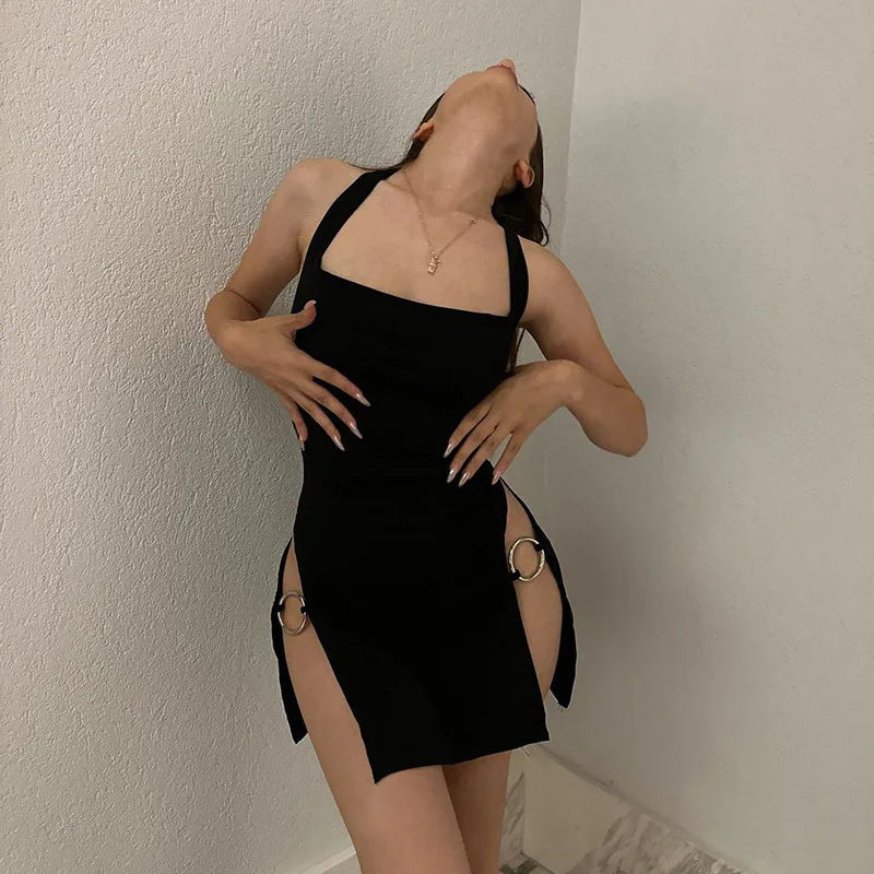 Y2K summer new solid color backless hollow hanging neck sexy spicy girl tight fitting dress Aviola
