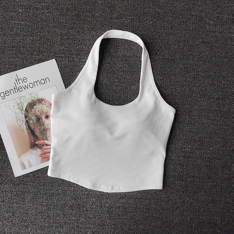 2023 Summer Sexy Sports Bra Rib Sport Top Underwear Women's Running Gathered Bra Hanging Neck Fitness Vest Fixed Padded Yoga Bra Aviola