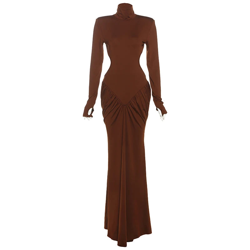 Nibber Backless Maxi Dress Women High Neck Long Sleeves Waistless Peach Buttocks Folds Shoulder Pads Elegant Banquet Vestidos Aviola
