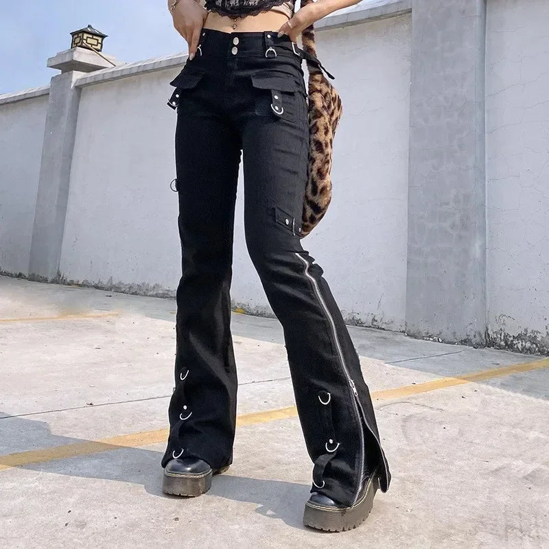 Low Waist Jeans Women Denim Straight Flare Pants Vintage Pockets Zipper Denim Punk 2025 Autumn Streetwear Ankle Length Trousers Aviola