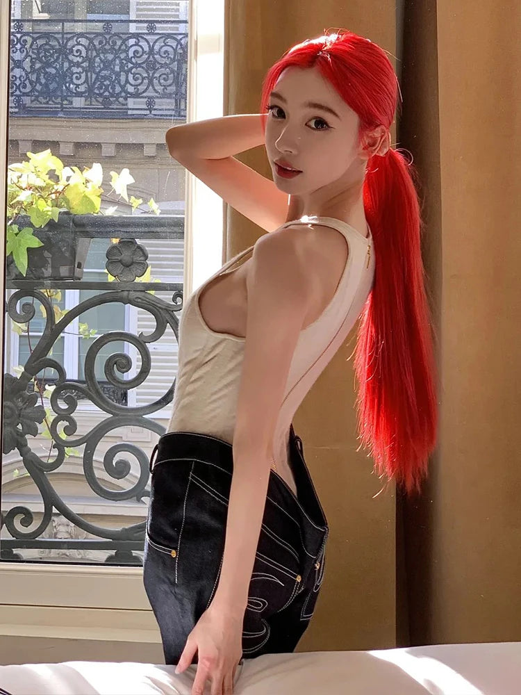 Nibber Halter Vest Women Halter Low-Neck Fake Fishbone Decoration Solid Skinny High Elasticity Simple Classic Daily Street Tops Aviola