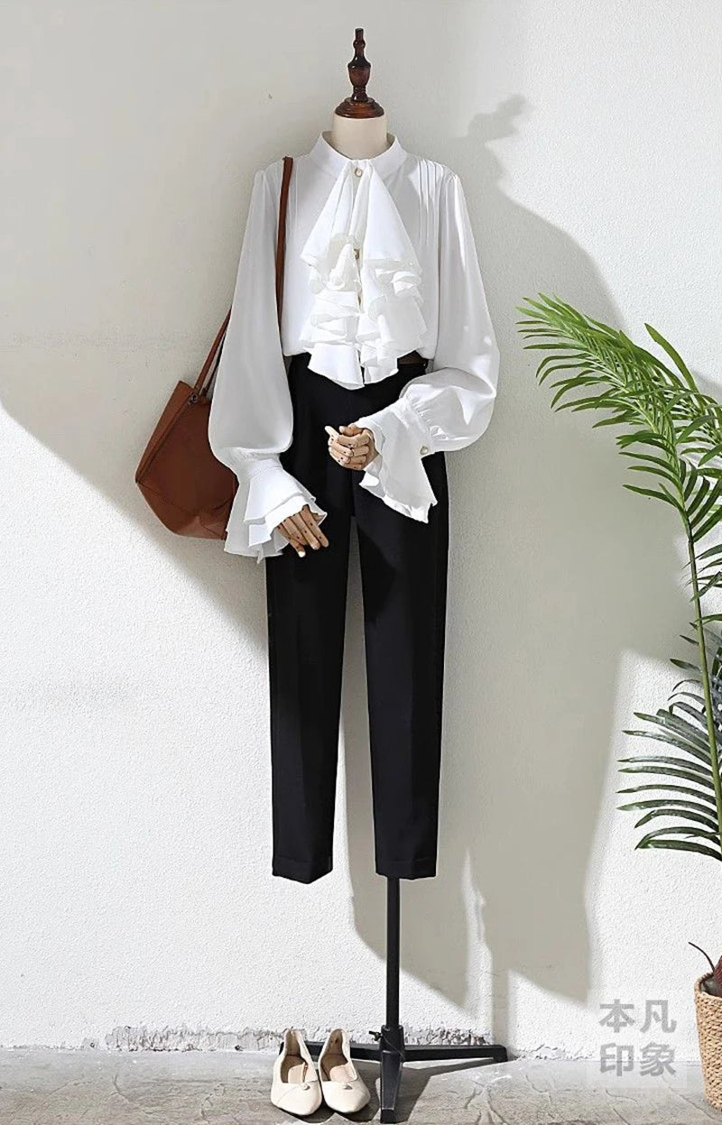 MEXZT Vintage White Shirts Women Elegant Ruffles Flare Long Sleeve Blouses Office Ladies Korean Single Breasted Design Chic Tops Aviola