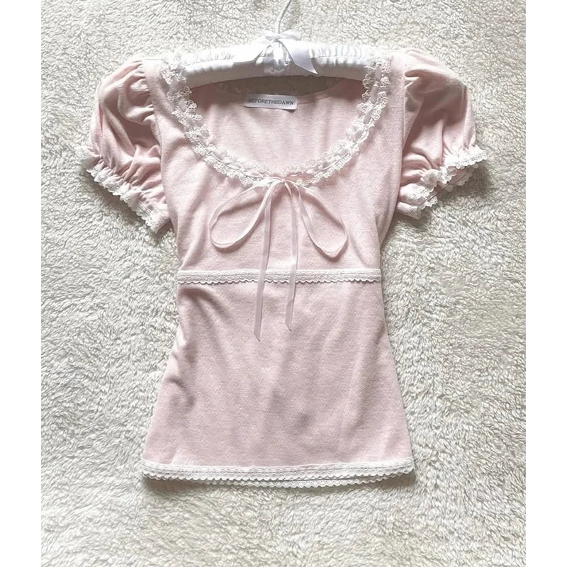 MEXZT Kawaii Pink T Shirt Women Japanese Cute Bow Lace Up Tops Summer Y2K Korean Fashion Lace Patchwork Puff Short Sleeve Tees Aviola