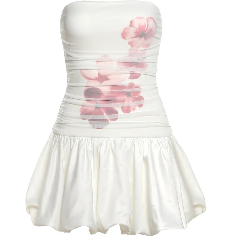 Nibber Flower Print Dress Wrap Patchwork Puffy Hem Sleeveless Folds High Street Midnight Summer Trend Sweet Chic Mini Bodycon Aviola