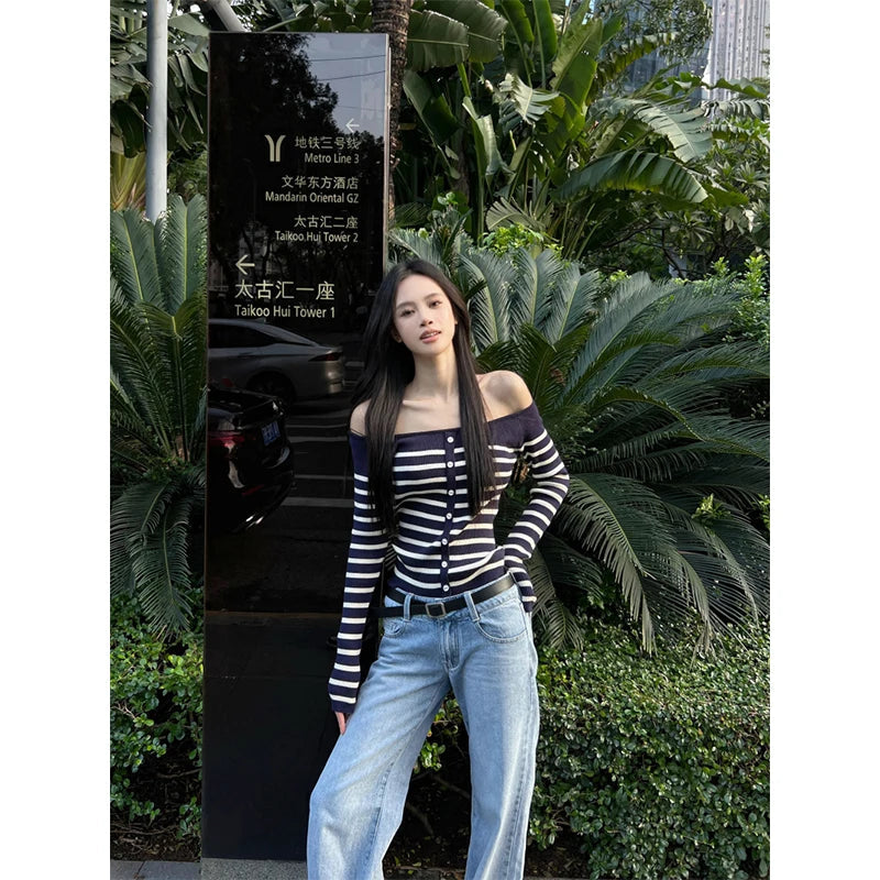 MEXZT Vintage Striped Sweater Women Sexy Cropped Slash Neck Knitted Pullovers Streetwear Korean Knitwears Winter Ladies Jumpers Aviola