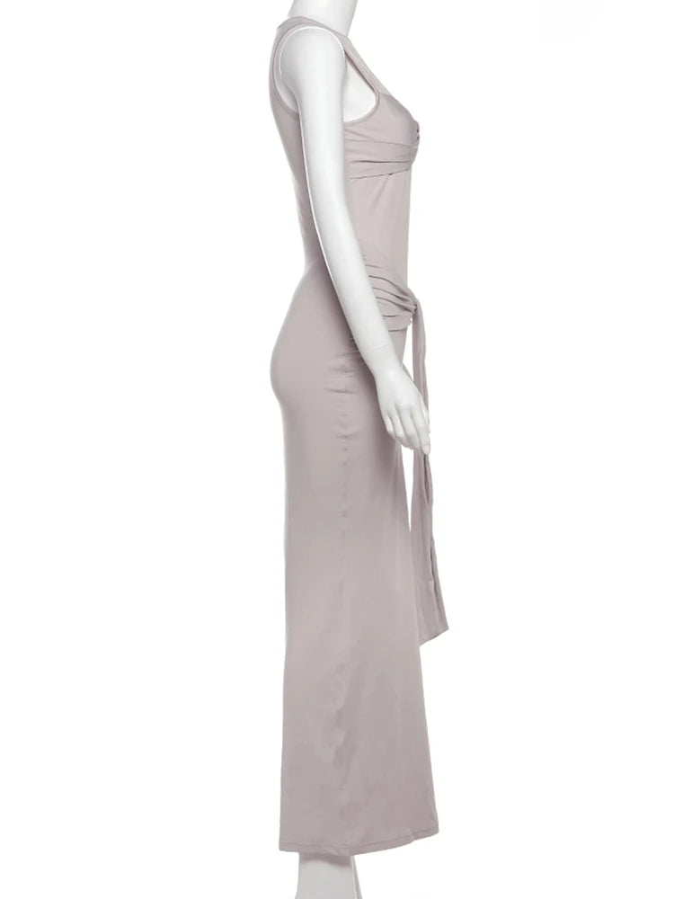 Nibber Elegant Ruched Knot Dress Women Chest Wrap Y2K Long Ribbon Solid o-Neck Simple Streetwear Stretch Sleeveless Vestidos Aviola