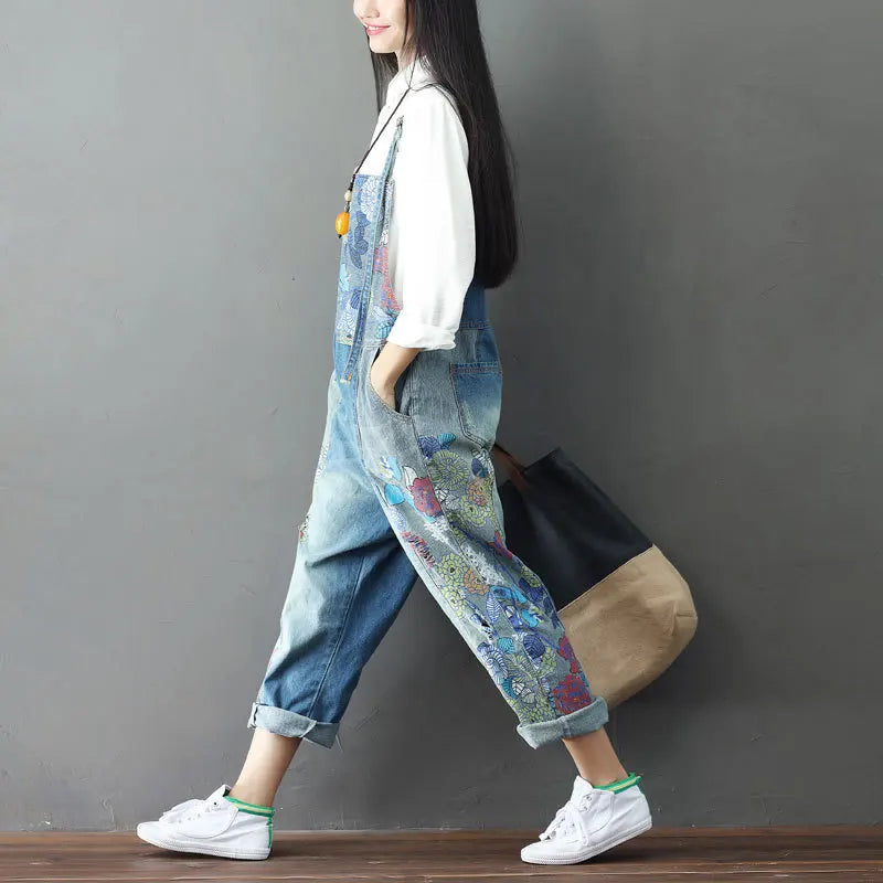 Overalls Women Suspenders Sling Jumpsuits Denim One Piece Wide Leg Long Pants High Waist Rompers Y2k Streetwear Print Floral Aviola