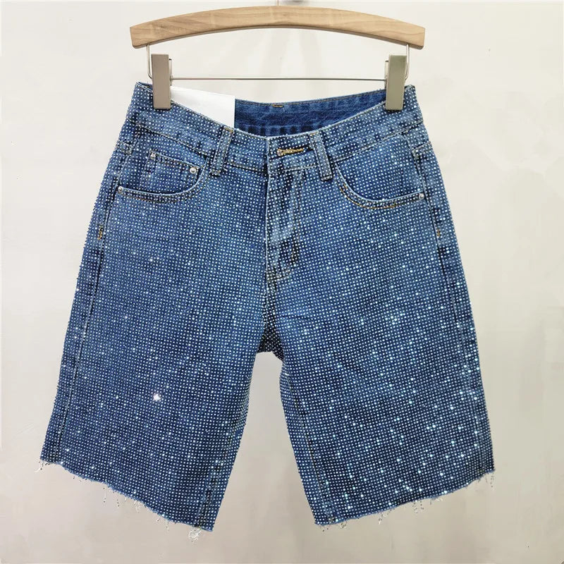 Denim Shorts Women Short Pants Diamonds High Waist Distressed Washed Y2k Punk Knee Length Streetwear Summer 2025 Straight Jeans Aviola