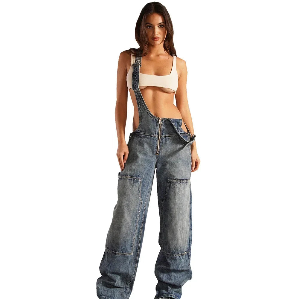 Jumpsuits Women Jeans Overalls Sexy Backless Vintage Full Length Denim Straight Pants Loose Pockets Distressed Washed Casual Aviola