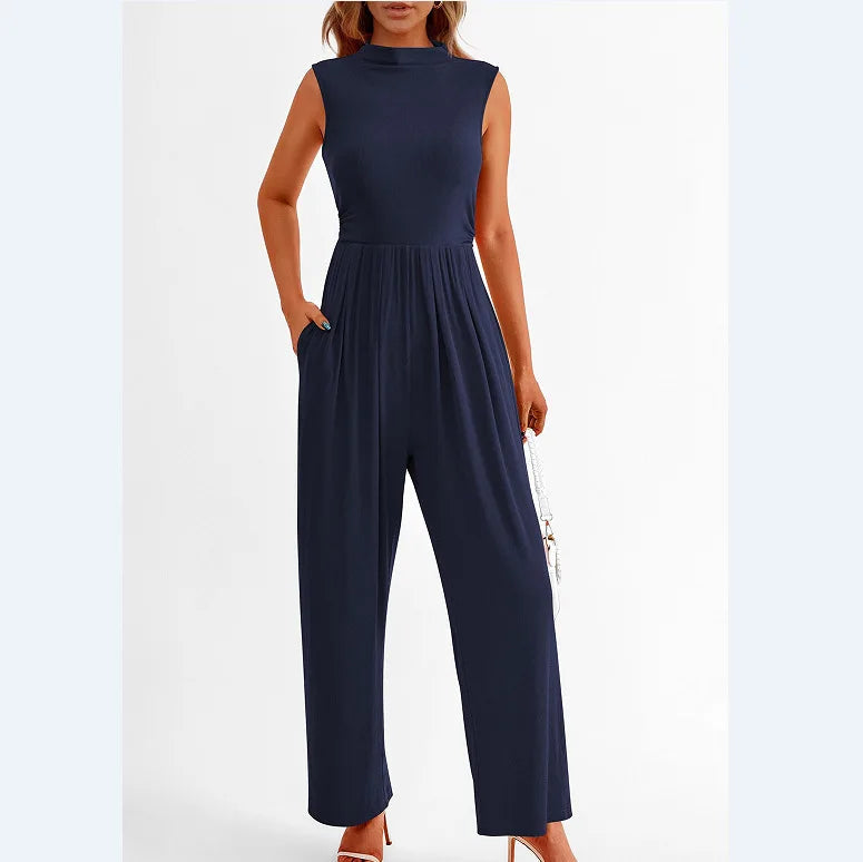 Women Jumpsuits One Piece O Neck Sleeveless Rompers Overalls Solid Wide Leg Pants Pockets High Waist Ankle Length Basics 2025 Aviola