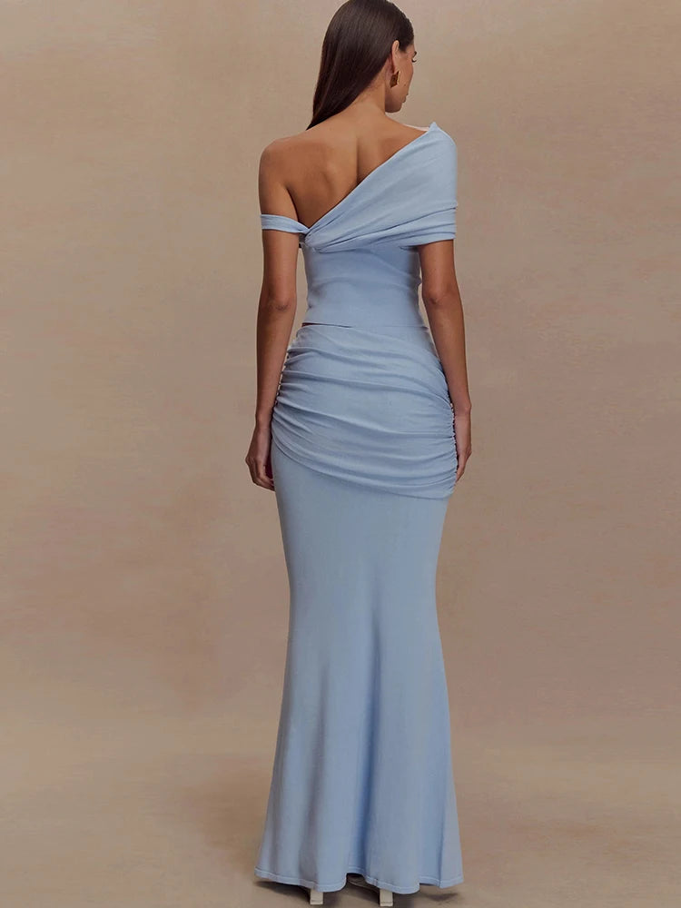 Nibber Elegant 2 Piece Set Women Irregular Skew Collar Backless Crop Top+Ruched Skirts Summer Skinny Fashion Beach Style Suit Aviola