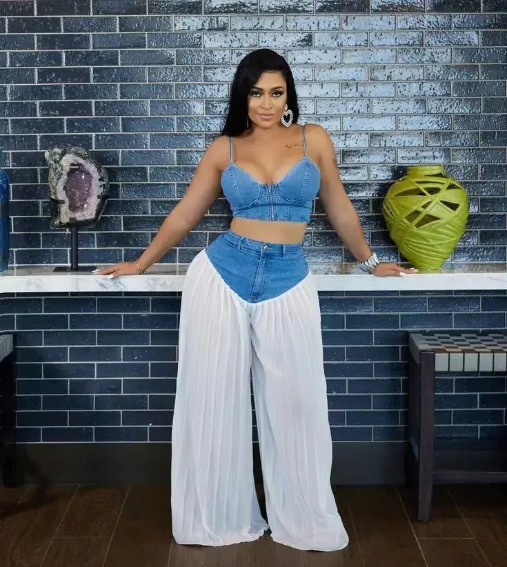 Two Piece Sets Women Sexy Denim Camisole Wide Leg Pants Patchwork Folds Slip Vest Matching Sets Suit 2025 Summer Casual Outfits Aviola