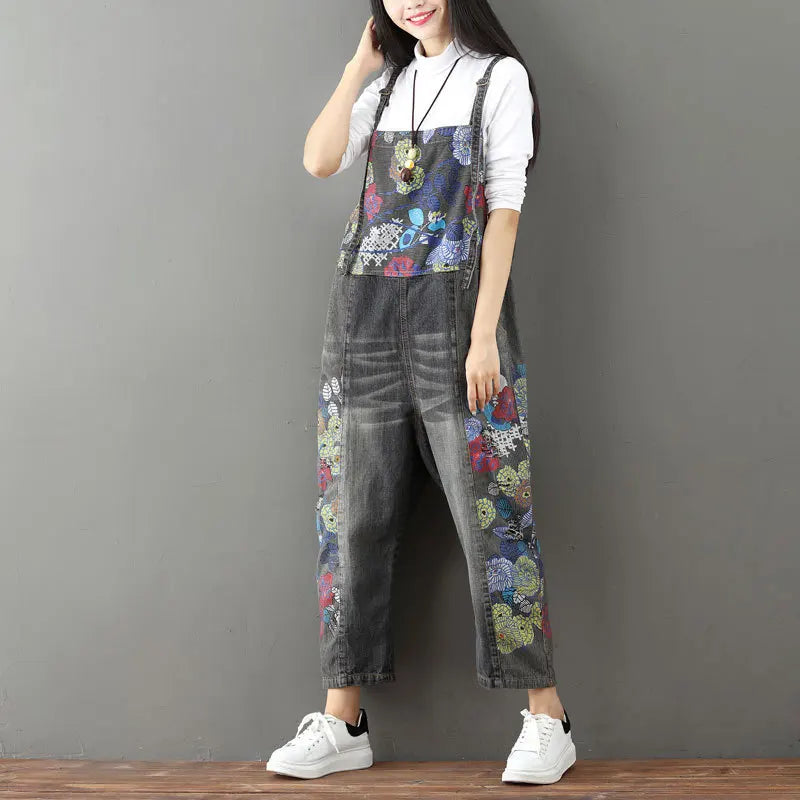 Overalls Women Suspenders Sling Jumpsuits Denim One Piece Wide Leg Long Pants High Waist Rompers Y2k Streetwear Print Floral Aviola