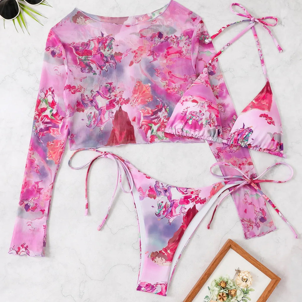 2025 New Sexy Bikini Three-piece Set Women Thong Print Swimsuit Low Waist Summer Mesh Blouse Swimming Pool Bikini Set Brazil Set Aviola