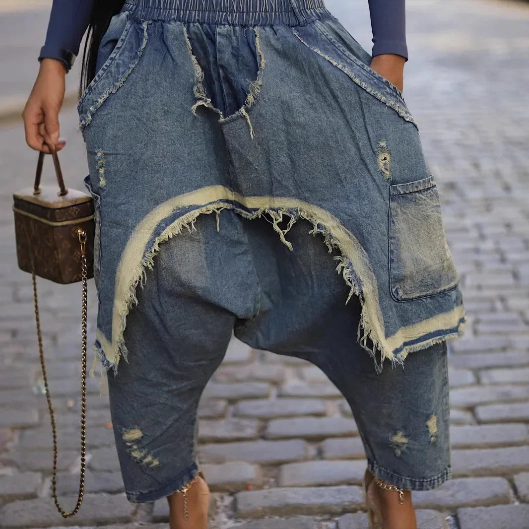 Jeans Women Harem Pants Hole Elastic Waist Tassels Washed Denim Pants Punk Y2k Streetwear 2025 Ripped Ankle Length Trousers Aviola