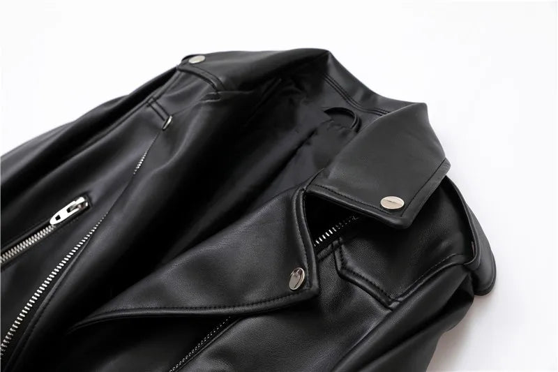 RARF Spring and Autumn 2025 New faux leather PU jacket with belt women's lapel motorcycle jacket black zip biker jacket Aviola