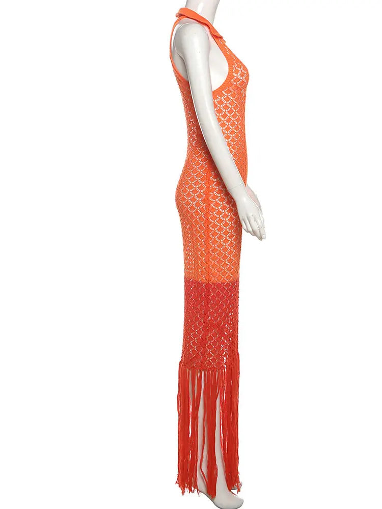 Nibber Tassel Mesh Patchwork Dress Women Solid See Through Sexy Sheath Y2K Casual Summer Trend Midnight Clubwear Party Vestidos Aviola