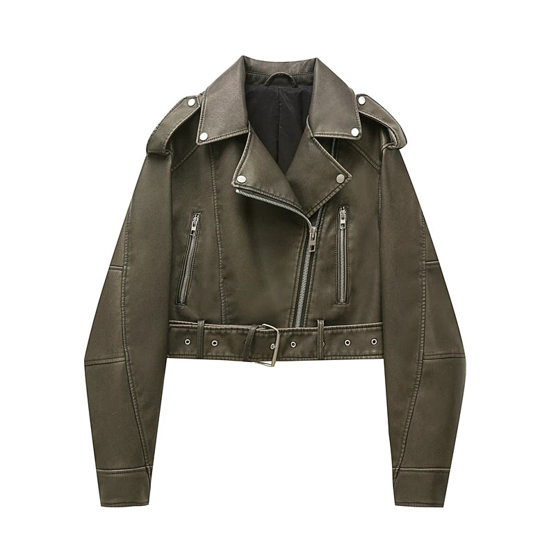 Chaqueta de cuero lavado con cinturón para mujer, abrigo corto con cremallera degradada y cuello vuelto Vintage, chaqueta elegan Aviola