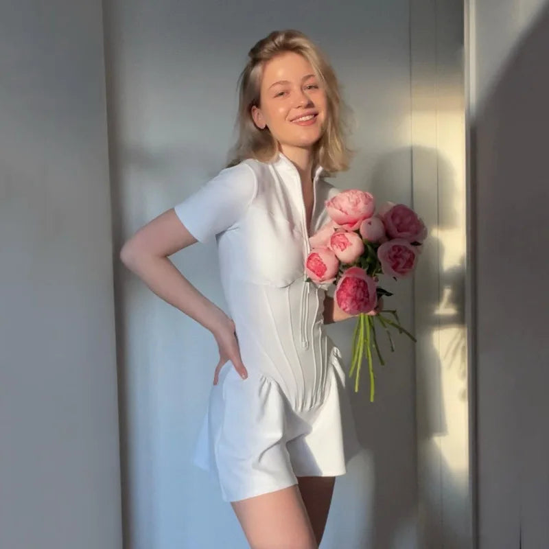 Sexy Tight Skirt jumpsuit Spring/Summer New Women's Round Neck Short Sleeve Zipper Bottom Shirt Aviola