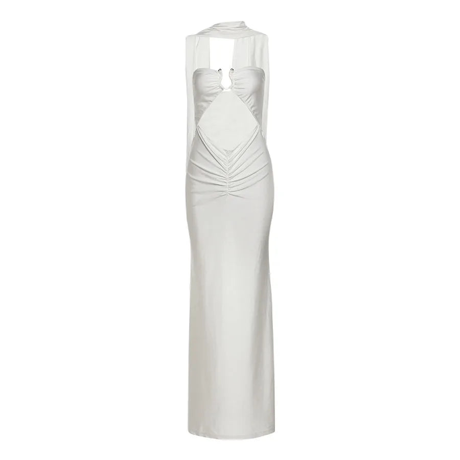 Nibber Temperament Scarf+Maxi Dress Women Hollow Folds Sleeveless Backless Metal Trim Solid Elegant Banquet Vacation Vestidos Aviola