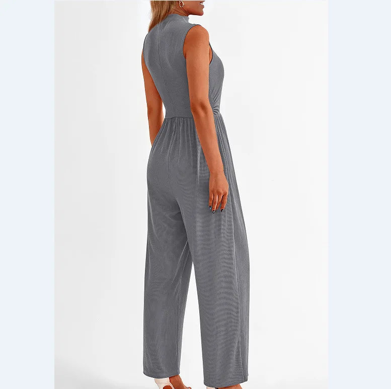 Women Jumpsuits One Piece O Neck Sleeveless Rompers Overalls Solid Wide Leg Pants Pockets High Waist Ankle Length Basics 2025 Aviola