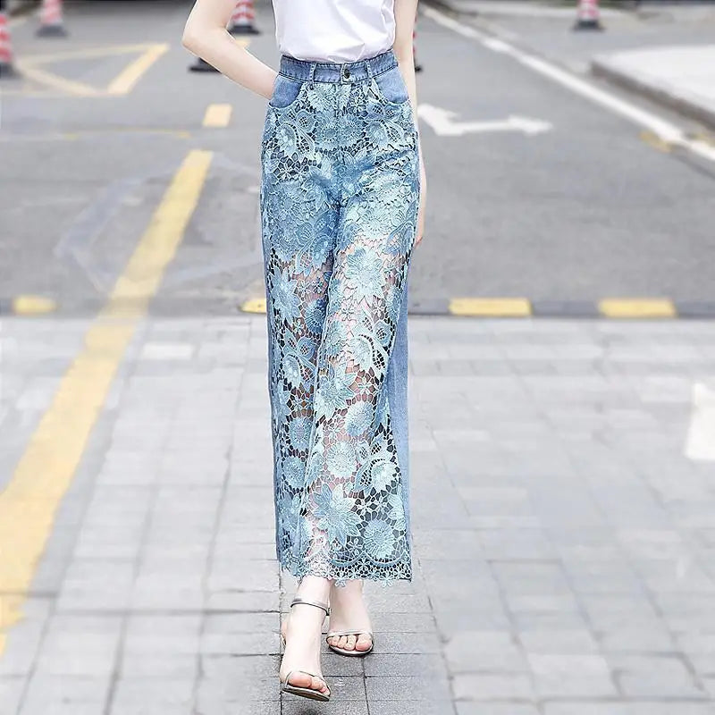 Denim Pant Women Jeans Hollow Out Floral Long Pants Slim Lace High Waist Straight Trousers Y2k Streetwear Splice Mom Party Club Aviola
