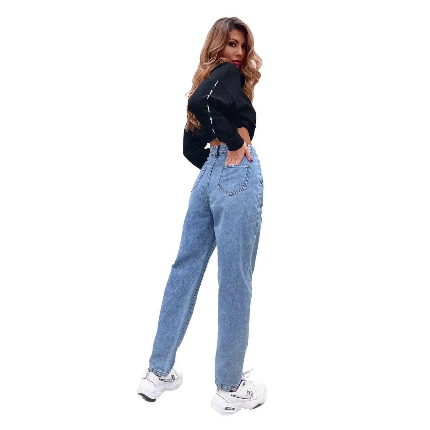 Distressed Women Jean Straight Pants High Waist Ankle Length Jeans Ripped Loose Fit Basics Washed Denim Pants Hole Autumn Aviola