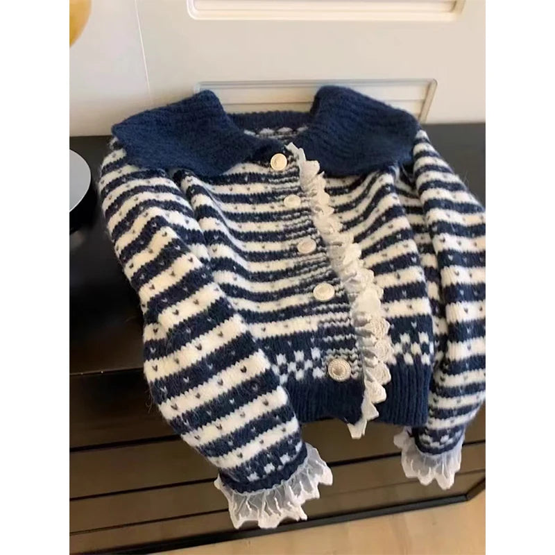 MEXZT Vintage Striped Knitted Cardigan Women Harajuku Cropped Sweater Outerwears Korean Lace Patchwork Knitwears Winter Jumpers Aviola