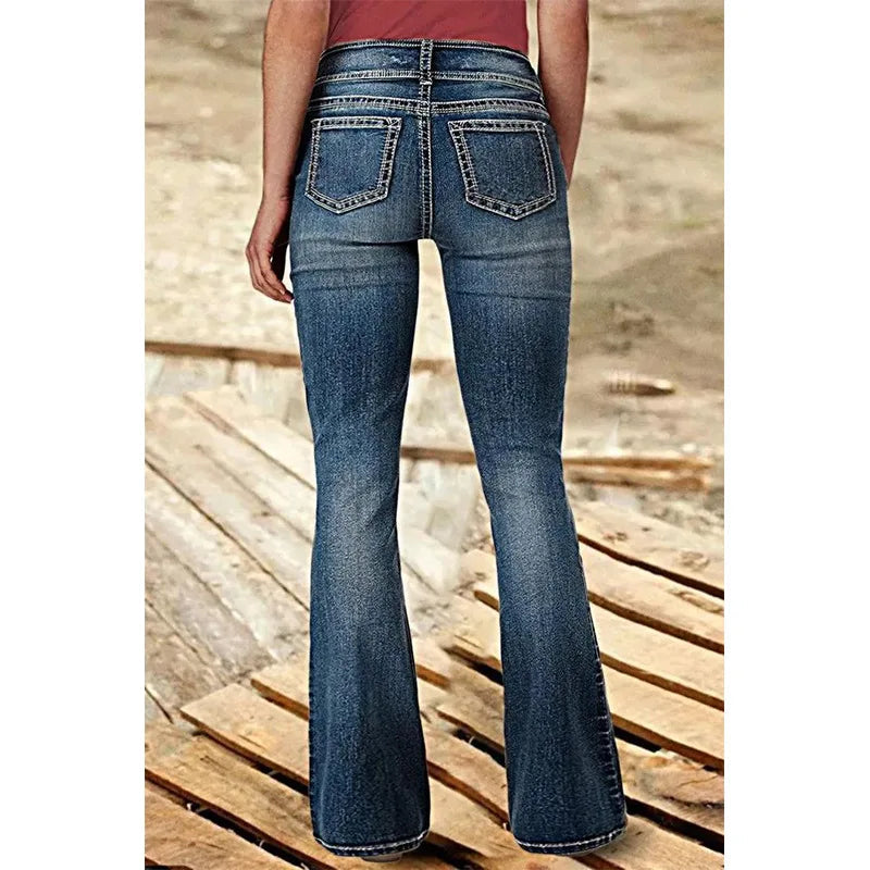 Mid Waist Flared Jeans Women Button Casual Straight Leg Pants New 2023 Summer Pocket Hole Female Loose Office Lady Slim Pants Aviola